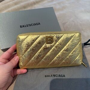 Balenciaga Metallic Gold Quilted Zip Wallet